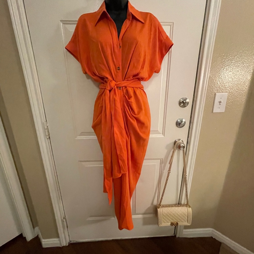 Vici SEBASTIAN TIE FRONT MIDI SHIRT DRESS - ORANGE - Picture 3 of 7